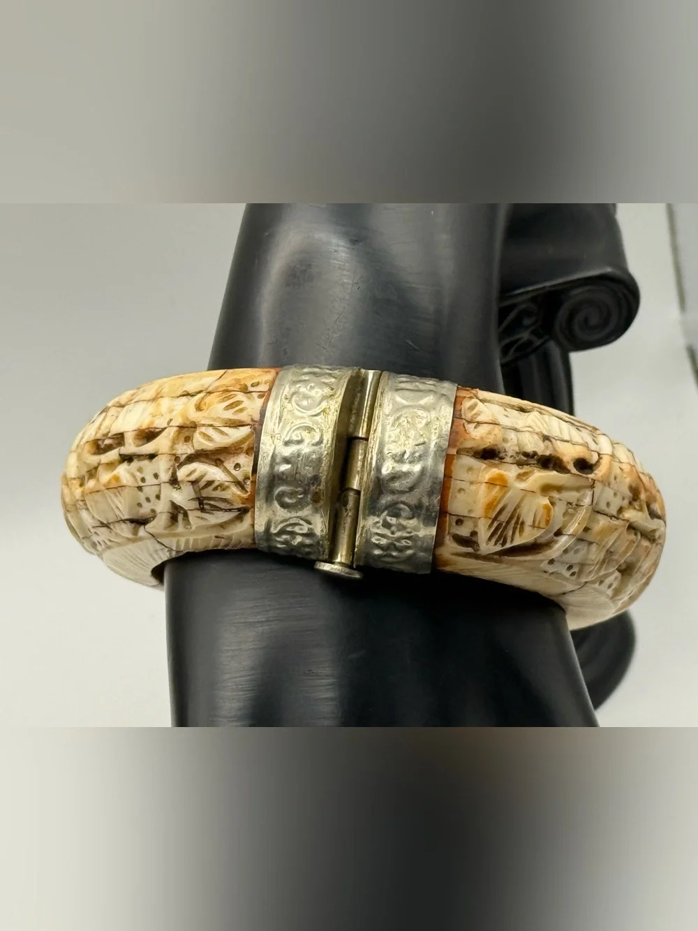 Vintage Tribal Lapis Lazuli Carved Bone Hinged Cuff Bangle Statement Bracelet